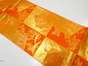 枡に平安人物・屋敷模様織り出し　袋帯